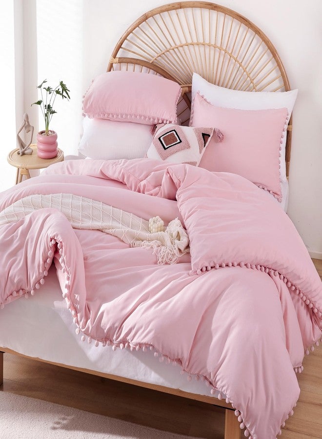 YIRDDEO Twin Comforter Set - Comforter Twin Size Bed with Ball Pom Fringe, Soft Bedding Set for All Seasons - 2 Pieces, 1 Comforter (66"x90") & 1 Pillow Sham(20"x26"), Dust Pink - Image 1
